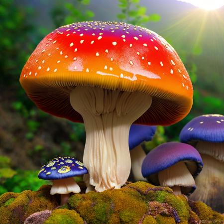 00062-3952795017-masterpiece, intricate photo, mushroom with rainbow-colored cap, background enchanted mountainous desert in china, fantasy art,.jpg